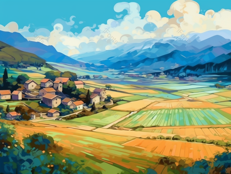 手绘插画夏季夏天小满时节的乡村田园田野田地小麦麦穗禾稻谷物丰收的画面,插画/手绘图,插画/手绘图库,插画/手绘图下载,插画/手绘